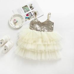 Gd33601 พร้อมส่งจากไทย ชุดเดรสออกงานเด็กสีทอง เด็กเล็ก-เด็กโต