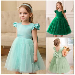 Gd4340- พร้อมส่งจากไทย ชุดออกงานเด็กหญิงสีเขียว แขนระบายสุดน่ารัก โบว์ใหญ่สวยๆ แยกจากชุดได้ ตกแต่งมุกที่กระโปรง ตัวเสื้อเงาดุจผ้าไหม ชุดราตรีเด็กทรงสั้น