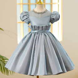 Gd3941- พร้อมส่งจากไทย ชุดออกงานเด็กหญิงสีฟ้า ออกสีฟ้าพาสเทล ตกแต่งชุดสวยสุดหรูหรา ผ้าสวยสุดหรู ชุดราตรีเด็กทรงสั้น มีแขนตุ๊กตา ชุดออกงานการแสดง