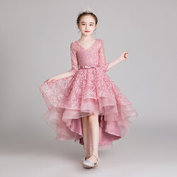 Gd3773- พร้อมส่งจากไทย ชุดราตรีเด็กสีชมพู ชุดออกงานเด็กหญิงทรงหน้าสั้น-หลังยาว แขนยาว คอติดประดับคริสตัส ชุดปักลูกไม้สวยหรู ใส่สบายไม่ระคายเคือง