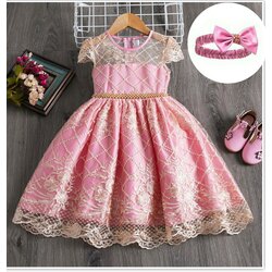 Gd3761- พร้อมส่งจากไทย ชุดราตรีเด็กสีชมพู เด็กเล็ก-เด็กโต มีคาดผมสำหรับเด็กเล็กไซส์ 70,80 ชุดออกงานเด็กหญิงทรงสั้นลายสวยหรูดูน่ารัก เป็นชุดแบบมีแขนตุ๊กตา