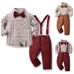 Bset9059- ชุดสูทเด็กชาย 4 ชิ้น เนื้อผ้าสวยใส่สบาย ทรงสวยดูเทห์มีสไตล์ มีเสื้อเชิ้ต+กางเกง+โบว์+สายเอี๊ยม ขนาดชุด +ดูเพิ่ม ในรายละเอียด สำหรับออกงาน หรือการแสดง