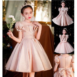 Gd4523- พร้อมส่งจากไทย ชุดออกงานเด็กหญิงสีชมพู แบบชมพูโรสโกลด์ หรือสีพิ้งค์โกลด์ สีสวยผ้าสวยสุดหรูหรา โบว์แยกจากชุดได้ ชุดราตรีเด็กทรงสั้น