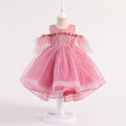 Gd3795- พร้อมส่งจากไทย ชุดราตรีเด็ก สีชมพูกลีบบัว ชุดออกงานเด็กหญิง มีแขน ทรงหน้าสั่้น-หลังยาวแบบเดรสทรงหางปลา