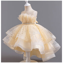 Gd4094- พร้อมส่งจากไทย ชุดออกงานเด็กหญิงสีครีม สุดสวยหรูดูฟรุ้งฟริ้ง ไหล่ซีทรู ชุดราตรีเด็กทรงหน้าสั้น-หลังยาว แบบเดรสหางปลา