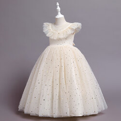 Gd3943- พร้อมส่งจากไทย ชุดออกงานเด็กหญิงสีครีม แต่งกลิตเตอร์ดาวเดือนไม่หลุดง่าย สวยฟรุ้งฟริ้งดุจเจ้าหญิง ชุดราตรีเด็กทรงยาวห้าส่วน ชุดออกงานการแสดง