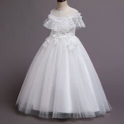 Gd3947- พร้อมส่งจากไทย ชุดออกงานเด็กหญิงสีขาว ลายจุดสวยน่ารัก ดุจเจ้าหญิง ชุดราตรีเด็กทรงยาว ชุดออกงานการแสดง