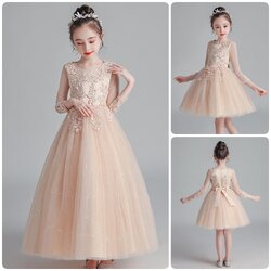 Gd3712- พร้อมส่งจากไทย ชุดราตรีเด็กสีครีม ชุดออกงานเด็กหญิง มีทรงสั้น และทรงยาวห้าส่วน แขนยาวซีทรูสวยหรู