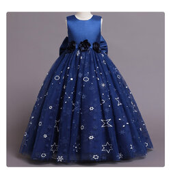 Gd4046- พร้อมส่งจากไทย ชุดออกงานเด็กหญิงสีน้ำเงิน ตกแต่งสวยฟรุ้งฟริ้งน่ารัก ติดตอกไม้สวยหวาน ชุดราตรีเด็กทรงยาว ชุดออกงานการแสดง