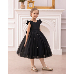 Gd4340- พร้อมส่งจากไทย ชุดออกงานเด็กหญิงสีดำ แขนระบายสุดน่ารัก โบว์ใหญ่สวยๆ แยกจากชุดได้ ตกแต่งมุกที่กระโปรง ตัวเสื้อเงาดุจผ้าไหม ชุดราตรีเด็กทรงสั้น