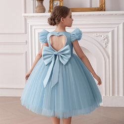 Gd4520- พร้อมส่งจากไทย ชุดออกงานเด็กหญิงสีฟ้า หลังเว้าสวยหวานด้วยมุก แขนระบายน่ารัก โบว์แยกจากชุดได้ ชุดราตรีเด็กทรงสั้น