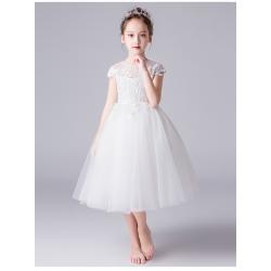 Gd32172-2 พร้อมส่งจากไทย ชุดเดรสออกงานเด็กสีขาว เด็กเล็ก-เด็กโต ชุดราตรีเด็กทรงยาวสี่ส่วน แบบมีแขน