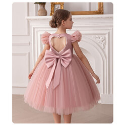 Gd4520- พร้อมส่งจากไทย ชุดออกงานเด็กหญิงสีชมพู หลังเว้าสวยหวานด้วยมุก แขนระบายน่ารัก โบว์แยกจากชุดได้ ชุดราตรีเด็กทรงสั้น