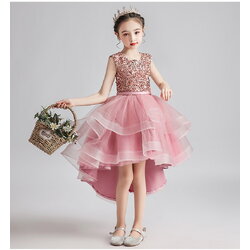 Gd3710- พร้อมส่งจากไทย ชุดราตรีเด็กสีชมพูกลีบบัว ชุดออกงานเด็กหญิงทรงหน้าสั้น-หลังยาว ปักเลื่อมสวยหรู (รับรองเลื่อมไม่เจ็บไม่คัน)