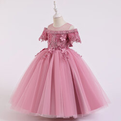 Gd3703- พร้อมส่งจากไทย ชุดราตรีเด็กสีชมพูกลีบบัว ชุดออกงานเด็กหญิง ทรงยาวพองฟู ไหล่ซีทรู ตัวชุดแต่งลูกไม้สวยหรูตามแบบ