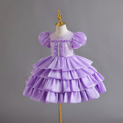Gd4009- พร้อมส่งจากไทย ชุดออกงานเด็กหญิงสีม่วง สวยฟูฟ่องเป็นชั้นๆสุดน่ารัก เด็กเล็ก-เด็กโต ชุดราตรีเด็กทรงสั้น มีแขน