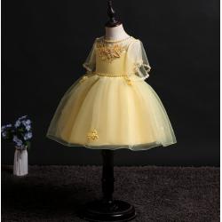 Gd34313 พร้อมส่งชุดออกงานเด็กหญิงสีเหลือง มีแขน ชุดราตรีเด็กทรงสั้น เด็กเล็ก-เด็กโต