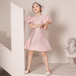 Gd4127- พร้อมส่งจากไทย ชุดออกงานเด็กหญิงสีชมพูอ่อน เด็กเล็ก-เด็กโต ผ้าเงาสวยดุจไหม สวยสุดหรูหรา แขนตุ๊กตาพองสวย ชุดราตรีเด็กทรงสั้น