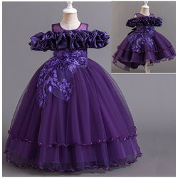 Gd4300- พร้อมส่งจากไทย ชุดออกงานเด็กหญิงสีม่วงเข้ม แขนสวยทรงสวยสุดน่ารัก ชุดราตรีเด็กทรงสั้น และทรงหน้าสั้น-หลังยาว