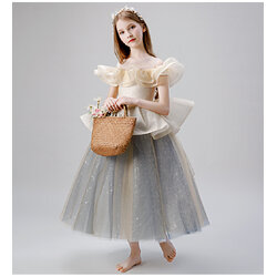 Gd3747- พร้อมส่งจากไทย ชุดราตรีเด็กสีครีม กระโปรงเทา สวยหรูดูน่ารักเหมือนชุดตุ๊กตา ชุดออกงานเด็กหญิงทรงยาว มีแขน