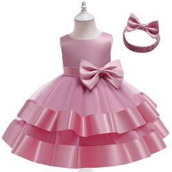 Gd3880- พร้อมส่งจากไทย ชุดออกงานเด็กหญิงสีชมพูกลีบบัว+คาดผม เด็กเล็ก-เด็กโต ชุดราตรีเด็กทรงสั้น กระโปรงสองระดับชั้นสวยหวานด้วยโบว์แยกจากชุดได้