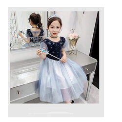 Gd37541 พร้อมส่งจากไทย ชุดราตรีเด็กสีน้ำเงิน ชุดออกงานเด็กหญิงสั้น แขนตุ๊กตา ตัวเสื้อกำมะหยี่สวยหวานดูน่ารักดุจเจ้าหญิงน้อย