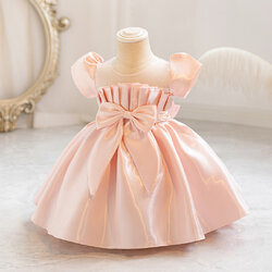 Gd4114- พร้อมส่งจากไทย ชุดออกงานเด็กหญิงสีชมพู แขนตุ๊กตา อกจับจีบสวยหรู ผ้าสวยดุจไหม ชุดราตรีเด็กทรงสั้น