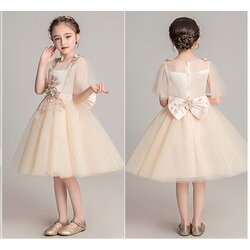 Gd3605- พร้อมส่งจากไทย ชุดราตรีเด็กสีครีมสีน้ำตาลออกสีทอง สวยหรู ชุดออกงานเด็กหญิงทรงสั้น มีแขน