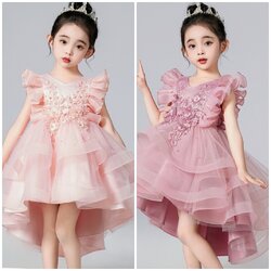 Gd3954- พร้อมส่งจากไทย ชุดออกงานเด็กหญิงสีชมพู ปักแต่งระบายสวยสุดน่ารัก ชุดราตรีเด็กทรงหน้าสั้น-หลังยาวแบบเดรสหางปลา ชุดออกงานการแสดง