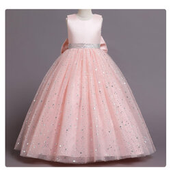 Gd4047- พร้อมส่งจากไทย ชุดราตรีเด็กสีชมพู ชุดออกงานเด็กหญิงทรงยาว ตกแต่งดาวฟรุ้งฟริ้ง ทรงสวยสุดหวาน สำหรับเด็กเล็ก-เด็กโต