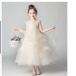 Gd3546- พร้อมส่งจากไทย ชุดราตรีเด็กสีครีม ตกแต่งชุดสุดสวยหวานละมุน ชุดออกงานเด็กหญิงทรงยาว แบบห้าส่วน