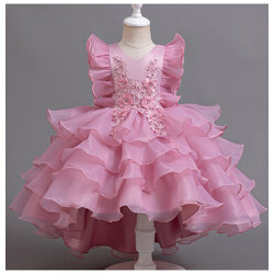 Gd4122- พร้อมส่งจากไทย ชุดออกงานเด็กหญิงสีชมพูกลีบบัว แขนสวยทรงสวยสุดน่ารัก ชุดราตรีเด็กทรงหน้าสั้น-หลังยาว