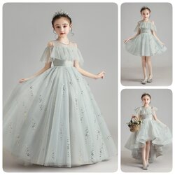 Gd3792- พร้อมส่งจากไทย ชุดราตรีเด็กสีเทา สีเงิน ติดเกล็ดสีทอง ชุดออกงานเด็กหญิงทรงยาว ชุดกระโปรงเด็ก มีแขน แบบสวยหรู ชุดการแสดงเด็ก