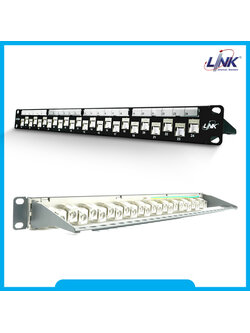 US-3324S : Shield CAT 6A PATCH PANEL 24 Port, Auto Shutter w/Cable Management- แผงแบบเรียบดั้งเดิม