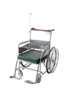 รถเข็นวีลแชร์ผู้ป่วยสแตนเลส รุ่น PS55 แบบพับไม่ได้ พร้อมเบาะรองนั่ง และเสาน้ำเกลือ