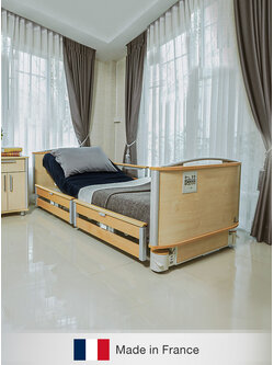 ชุดเตียงผู้ป่วยปรับไฟฟ้า FLOORE มีไฟใต้เตียง และแบตเตอรี่สำรองไฟ ราวกั้นเตียงแบบ ModuFlex แบ่งเป็นสองตอนแบบเต็มเตียง (ปรับเตียงต่ำสุด 23 cm.) + พร้อมที่นอนเพื่อสุขภาพ MEMORY FOAM + ชุดผ้าปูที่นอน + ผ้ายางรองกันเปื้อน