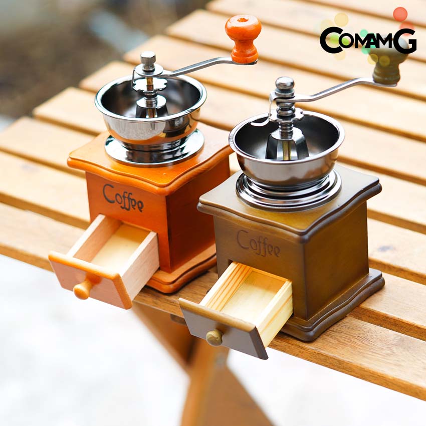 ที่บดกาแฟ เครื่องบดกาแฟแบบมือหมุน กล่องไม้สไตล์วินเทจ เฟืองเหล็ก-เซรามิก