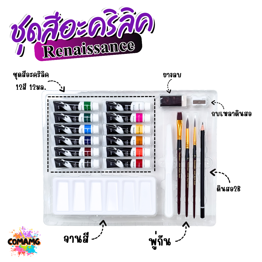 Renaissance ชุดสีอะคริลิค Starter Set แบบหลอด 12มล 12สี พร้อมพู่กัน จานสี สำหรับผู้เริ่มต้น 20ชิ้นในชุด