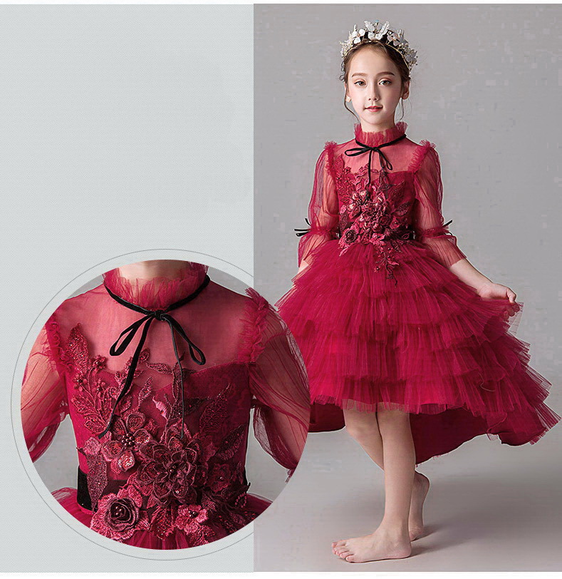 Gd3600- พร้อมส่ง ชุดราตรีเด็กสีแดงเข้ม ชุดออกงานเด็กหญิง แขนยาว ทรงหน้าสั่น-หลังยาวพองฟูสวยหรู แนววินเทจผู้ดีอังกฤษ