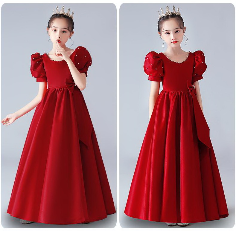 Gd4504- พร้อมส่งจากไทย ชุดออกงานเด็กหญิงสีแดง แขนตุ๊กตาสวย ปักตกแต่งมุก ผ้าสวยดุจไหม ทรงสวยดูหรูหรา ชุดราตรีเด็กทรงสั้น และทรงยาว