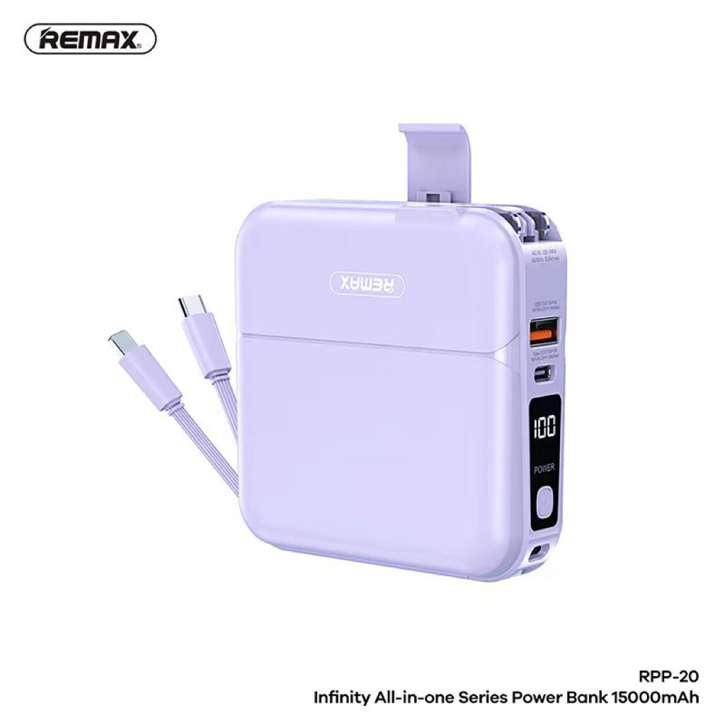 REMAX RPP-20 POWER BANK แบตสำรอง แบตเตอร์รี่สำรอง แบตพกพา พร้อมปลั๊กไฟ/สายชาร์จในตัว ความจุ 15000mAh มีหน้าจอ LED Qc3.0+PD3.0 18W พร้อมส่ง ของแท้ มีรับประกัน