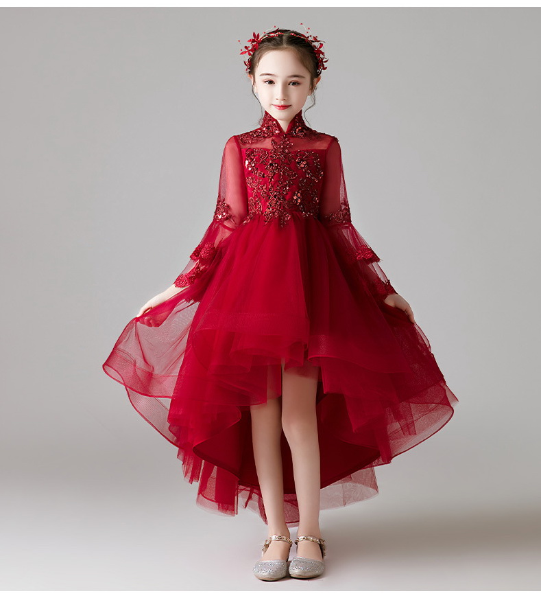 Gd3806- พร้อมส่งจากไทย ชุดราตรีเด็ก สีแดงเข้ม ชุดออกงานเด็กหญิง แขนยาว ทรงหน้าสั้นหลังยาวแบเดรสทรงหางปลา งานลูกไม้สวย ดูหรูหรา คอจีน