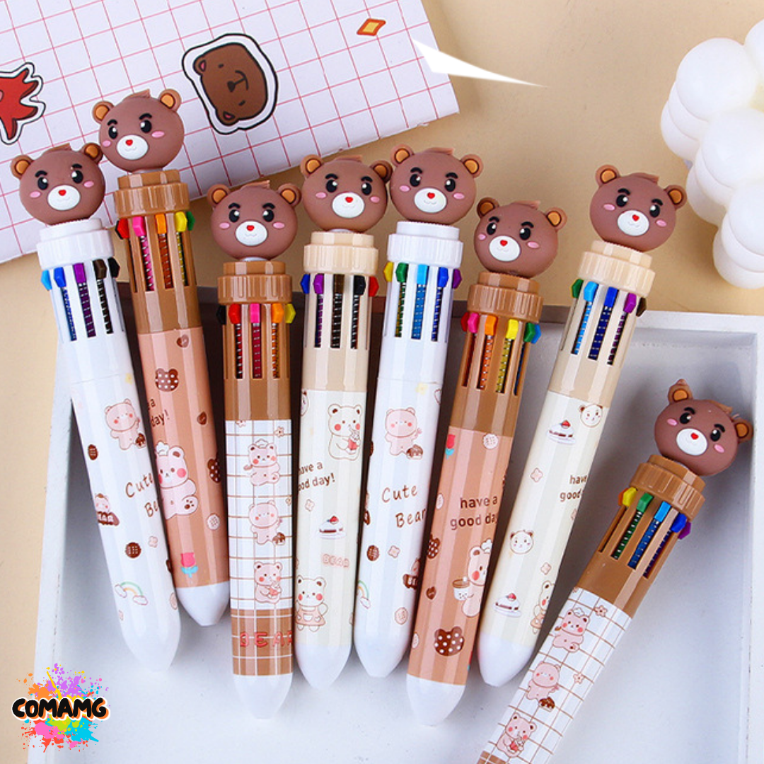 ปากกาลูกลื่น10สี ในด้ามเดียว ปากกาหลายสี หัวหมีสีน้ำตาล น่ารัก พร้อมส่ง (คละลาย)