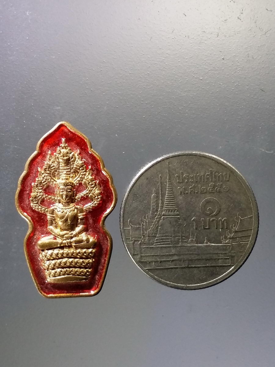 Antig Pim 022 เหรียญทองแดงลงยา พระนาคปรกใบมะขาม หลังเรียบ มีจารอักขระอาคม ไม่ทราบที่