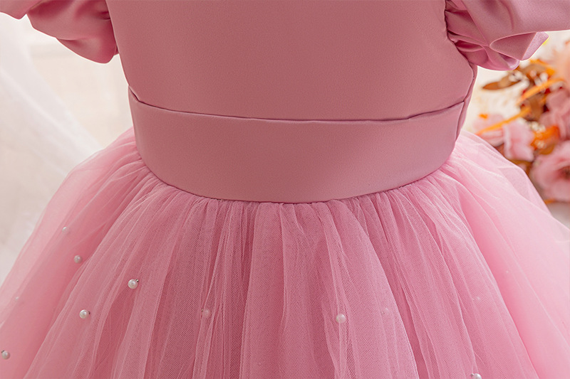 Gd4506- พร้อมส่งจากไทย ชุดออกงานเด็กหญิงสีชมพู แขนตุ๊กตาสวย ทรงสวยมีสไตล์ ชุดราตรีเด็กทรงสั้น