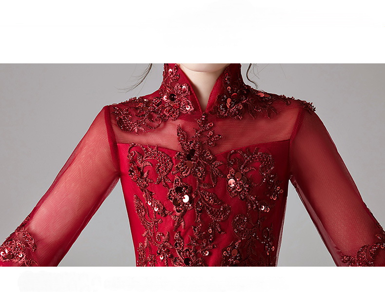 Gd3806- พร้อมส่งจากไทย ชุดราตรีเด็ก สีแดงเข้ม ชุดออกงานเด็กหญิง แขนยาว ทรงหน้าสั้นหลังยาวแบเดรสทรงหางปลา งานลูกไม้สวย ดูหรูหรา คอจีน