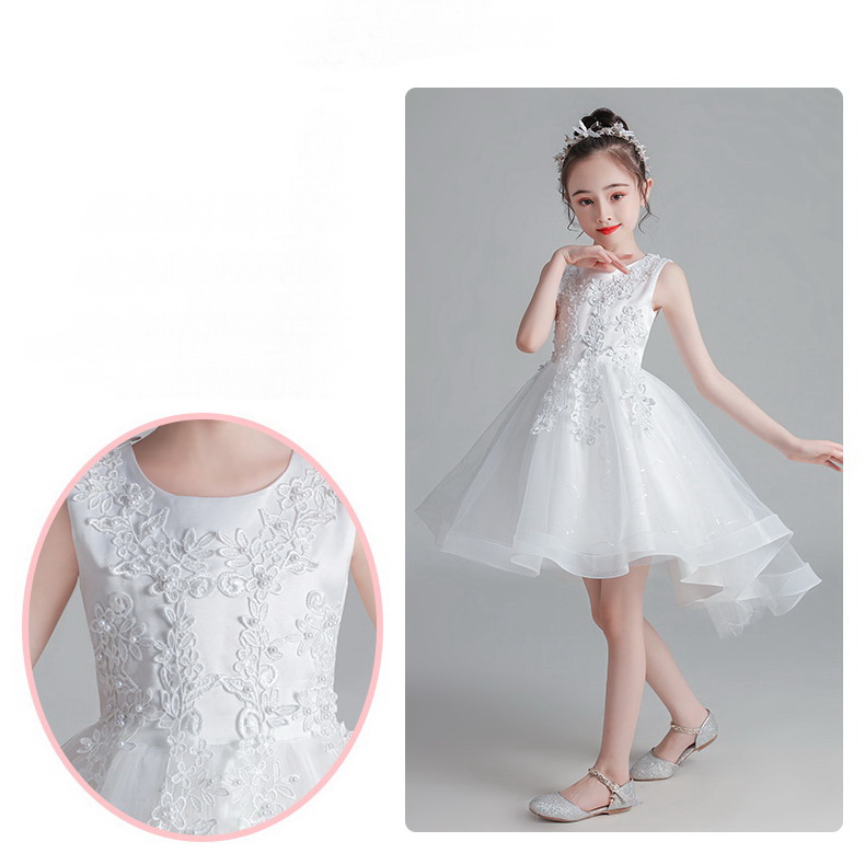 Gd3997- พร้อมส่งจากไทย ชุดออกงานเด็กหญิงสีขาว ลูกไม้สวยกระโปรงฟรุ้งฟริ้ง ชุดราตรีเด็กทรงหน้าสั้น-หลังยาวแบบบเดรสหางปลา ชุดออกงานการแสดง