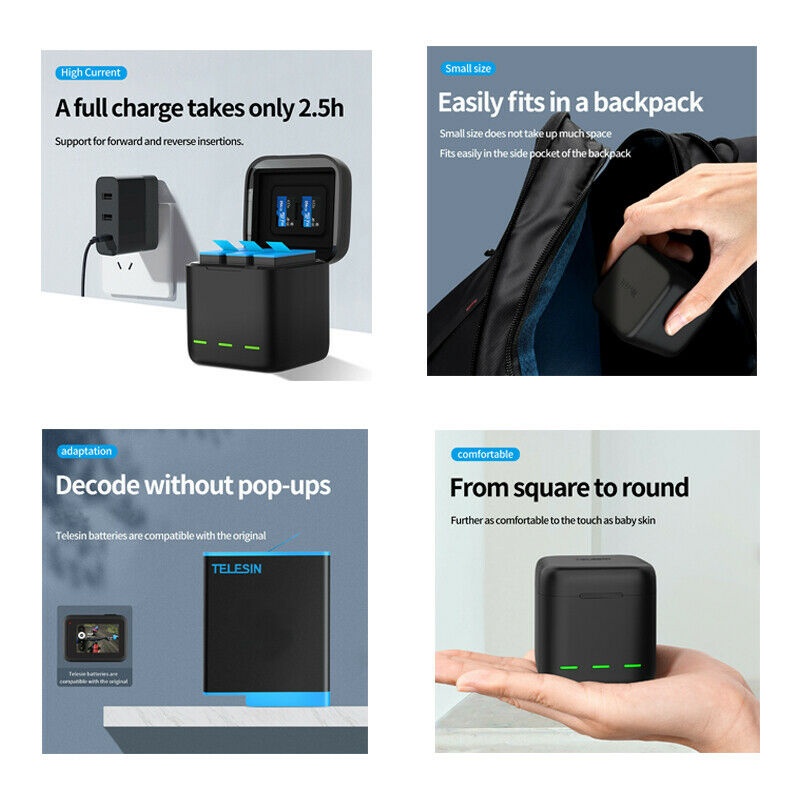 GoPro 11 / 10 / 9 Telesin Charger Box แท่นชาร์จและที่เก็บแบตและเมมโมรี่ในตัว มีไฟแสดงสถานะ