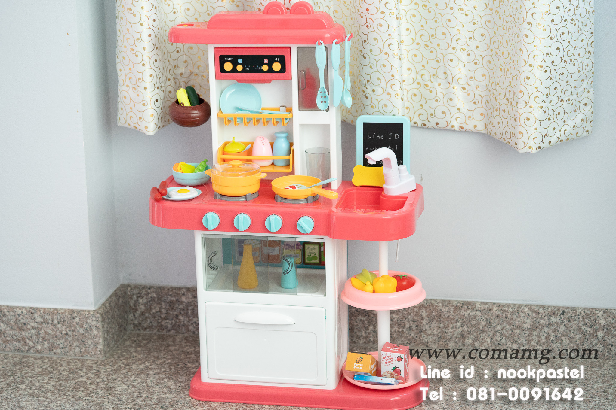 โต๊ะครัวสีชมพูพร้อมอุปกรณ์ 43 ชิ้น น้ำไหลได้จริง (เตาแก๊สมีไอน้ำ)