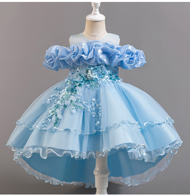 Gd4300- พร้อมส่งจากไทย ชุดออกงานเด็กหญิงสีฟ้า แขนสวยทรงสวยสุดน่ารัก ชุดราตรีเด็กทรงสั้น และทรงหน้าสั้น-หลังยาว